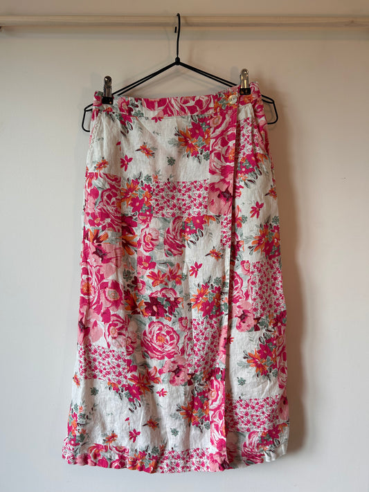 100% Linen Floral Wrap Midi Skirt (M)